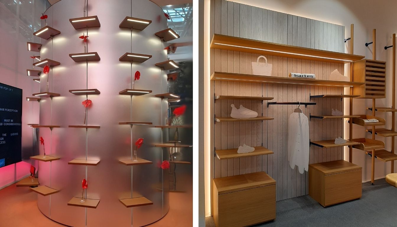 bútorba épített LED világítás üzletberendezési rendszerben az EuroShop kiállításon